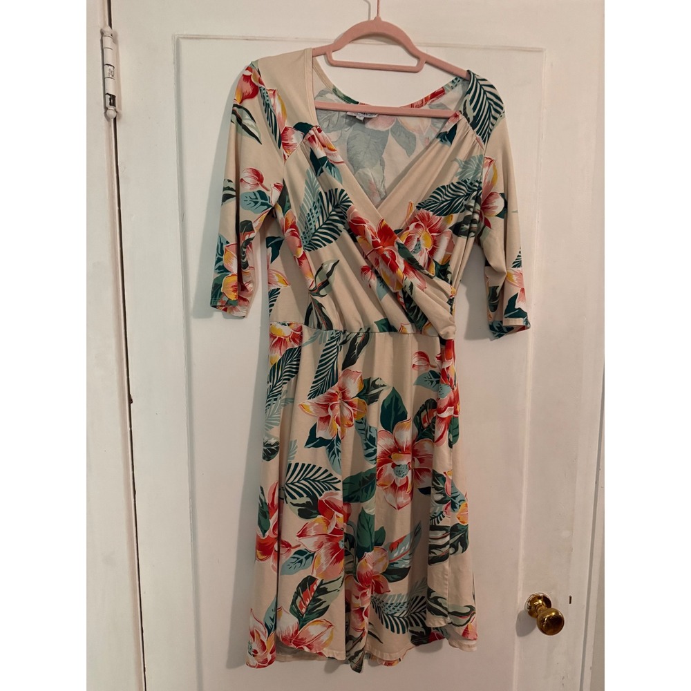 Blue Platypus Tropical Floral Wrap Dress Cream Pink Green USA Large